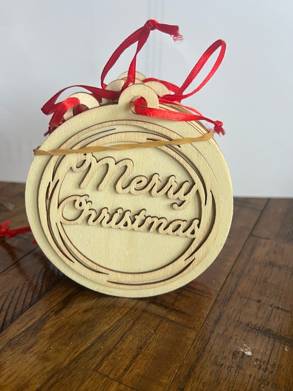 Merry Christmas DIY Wooden Ornament with Red Ribbon